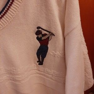 VTG Pacific Coast Golf Print V Neck Sweater Made in the USA Men's L Cream Color